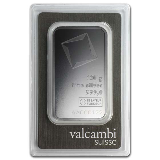 100 gram Silver Bar - Valcambi (w/Assay) 100 gram Silver Bar - Valcambi (w/Assay)